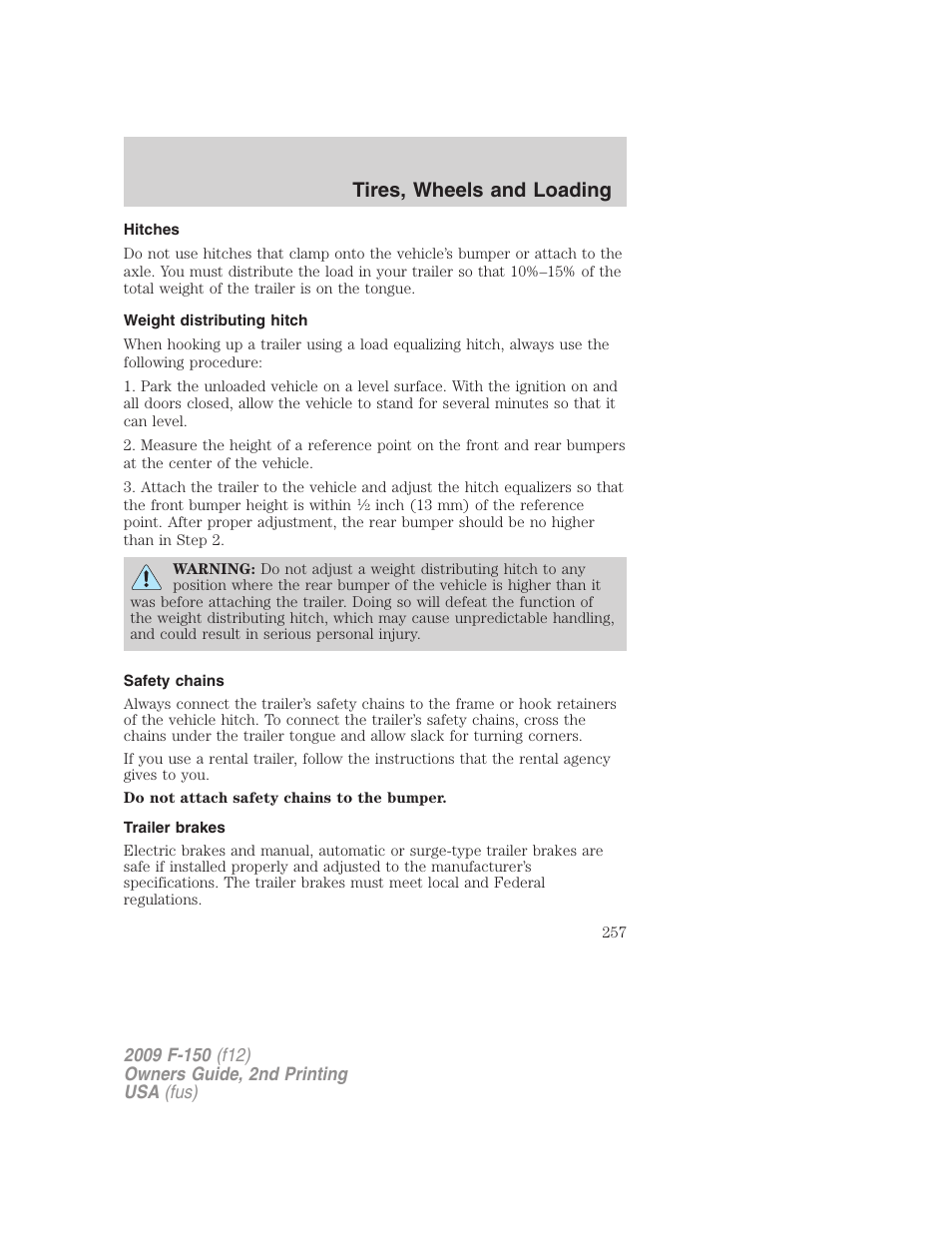 Hitches, Weight distributing hitch, Safety chains | Trailer brakes, Tires, wheels and loading | FORD 2009 F-150 v.2 User Manual | Page 257 / 409