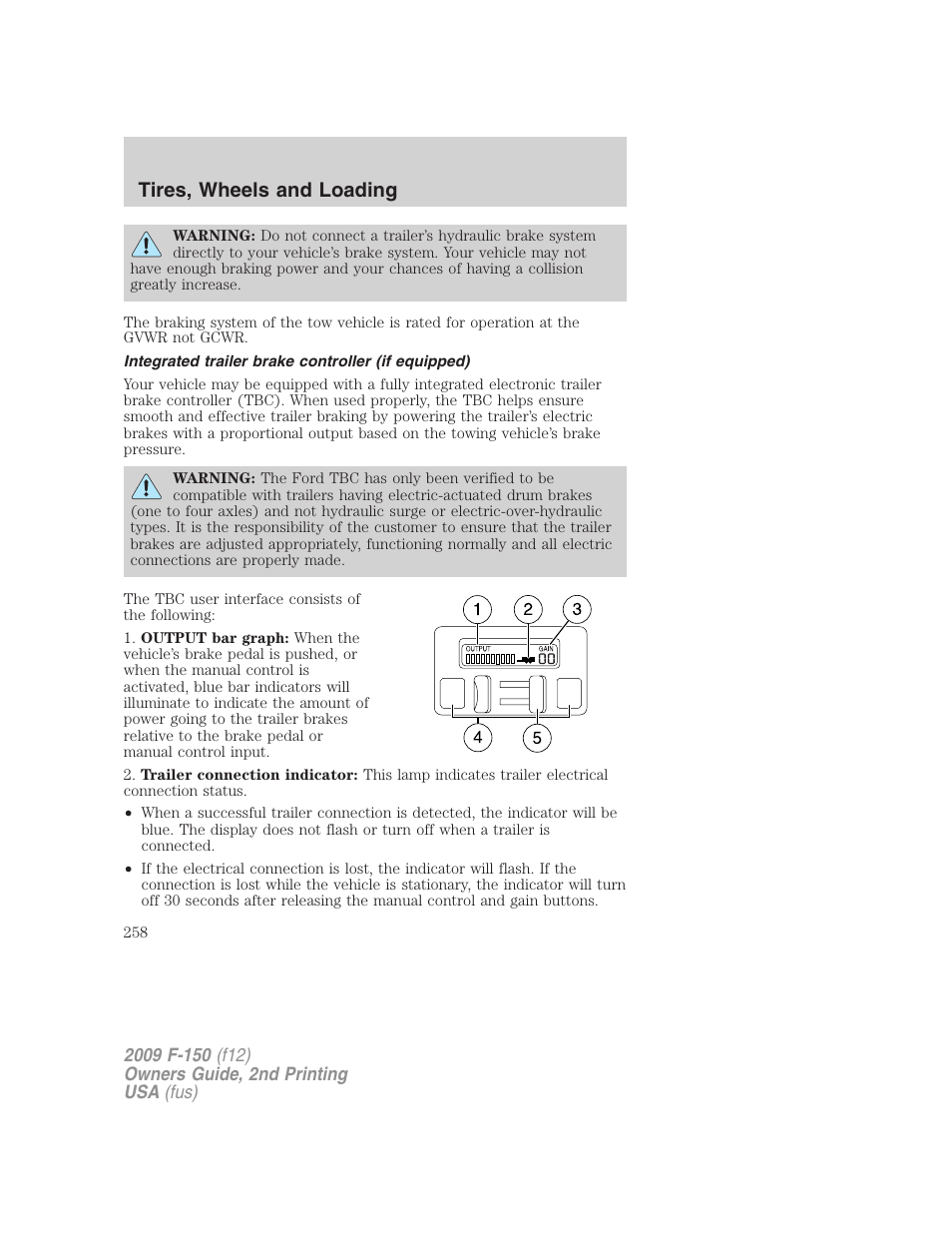Integrated trailer brake controller (if equipped), Trailer brake controller-integrated, Tires, wheels and loading | FORD 2009 F-150 v.2 User Manual | Page 258 / 409