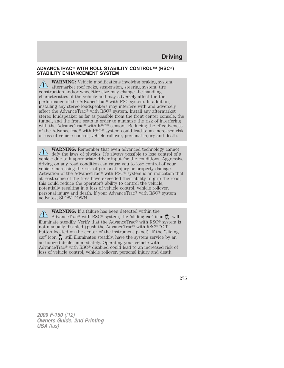 Advancetrac, Driving | FORD 2009 F-150 v.2 User Manual | Page 275 / 409