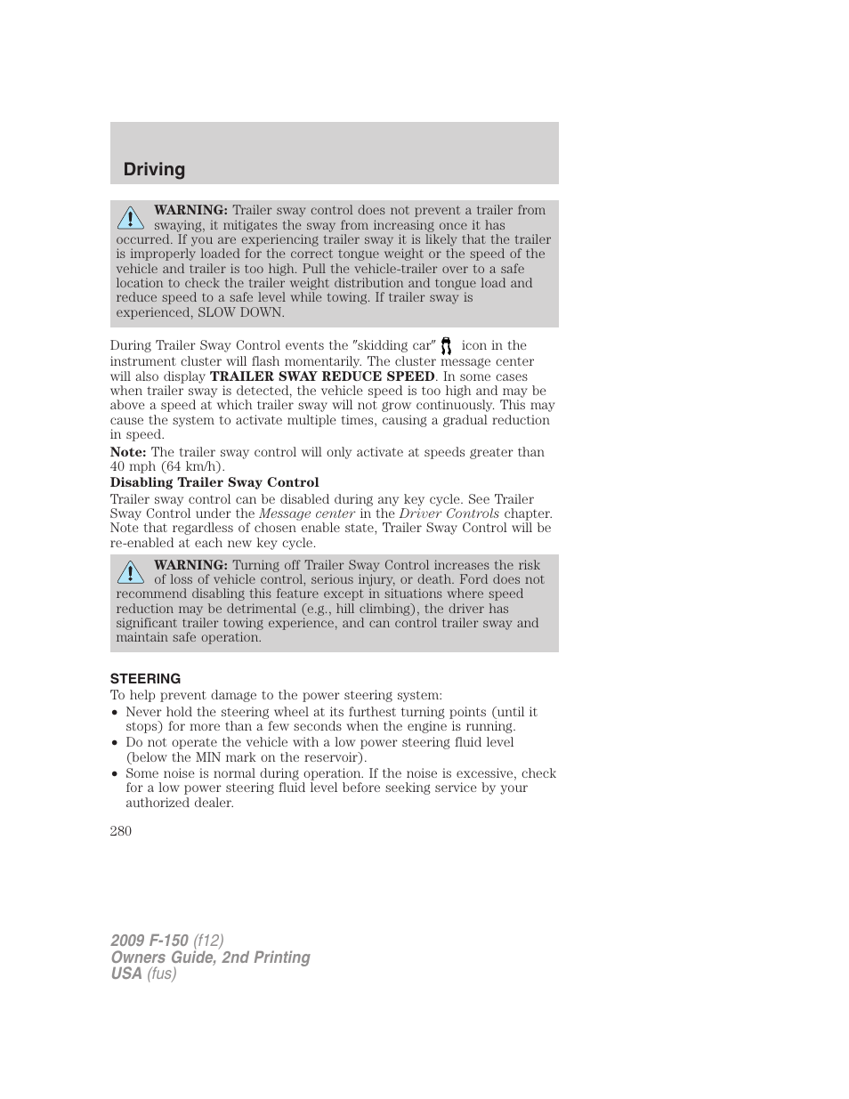 Steering, Driving | FORD 2009 F-150 v.2 User Manual | Page 280 / 409