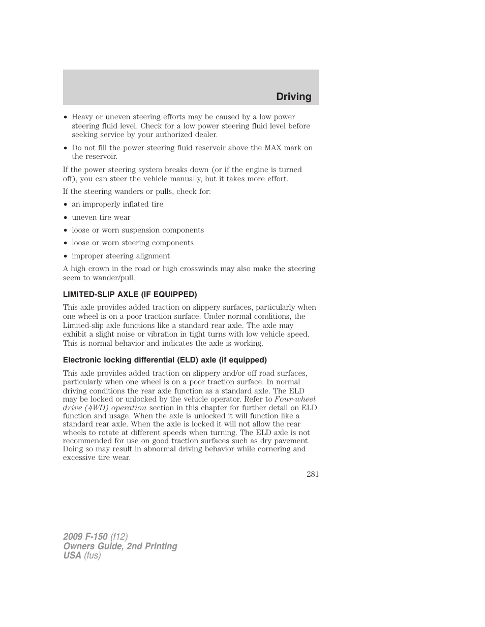 Limited-slip axle (if equipped), Driving | FORD 2009 F-150 v.2 User Manual | Page 281 / 409