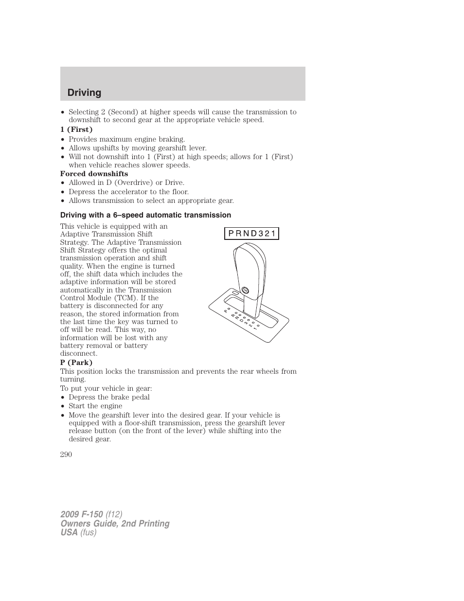 Driving with a 6–speed automatic transmission, Driving | FORD 2009 F-150 v.2 User Manual | Page 290 / 409