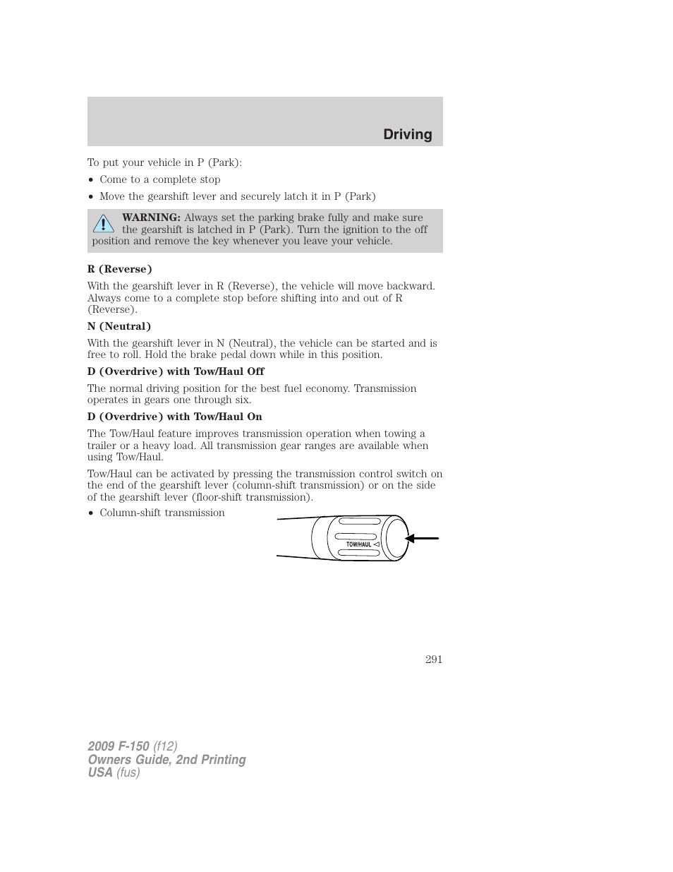 Driving | FORD 2009 F-150 v.2 User Manual | Page 291 / 409