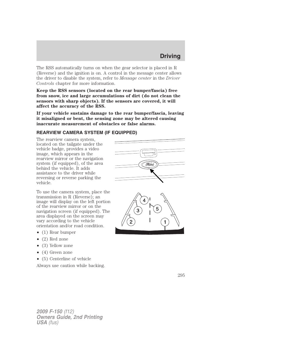 Rearview camera system (if equipped), Reverse camera, Driving | FORD 2009 F-150 v.2 User Manual | Page 295 / 409