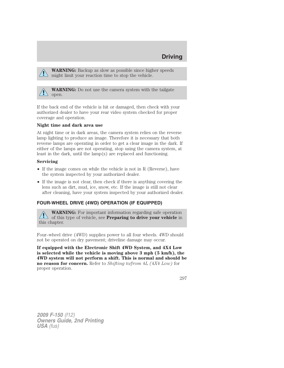 Four-wheel drive (4wd) operation (if equipped), Driving | FORD 2009 F-150 v.2 User Manual | Page 297 / 409