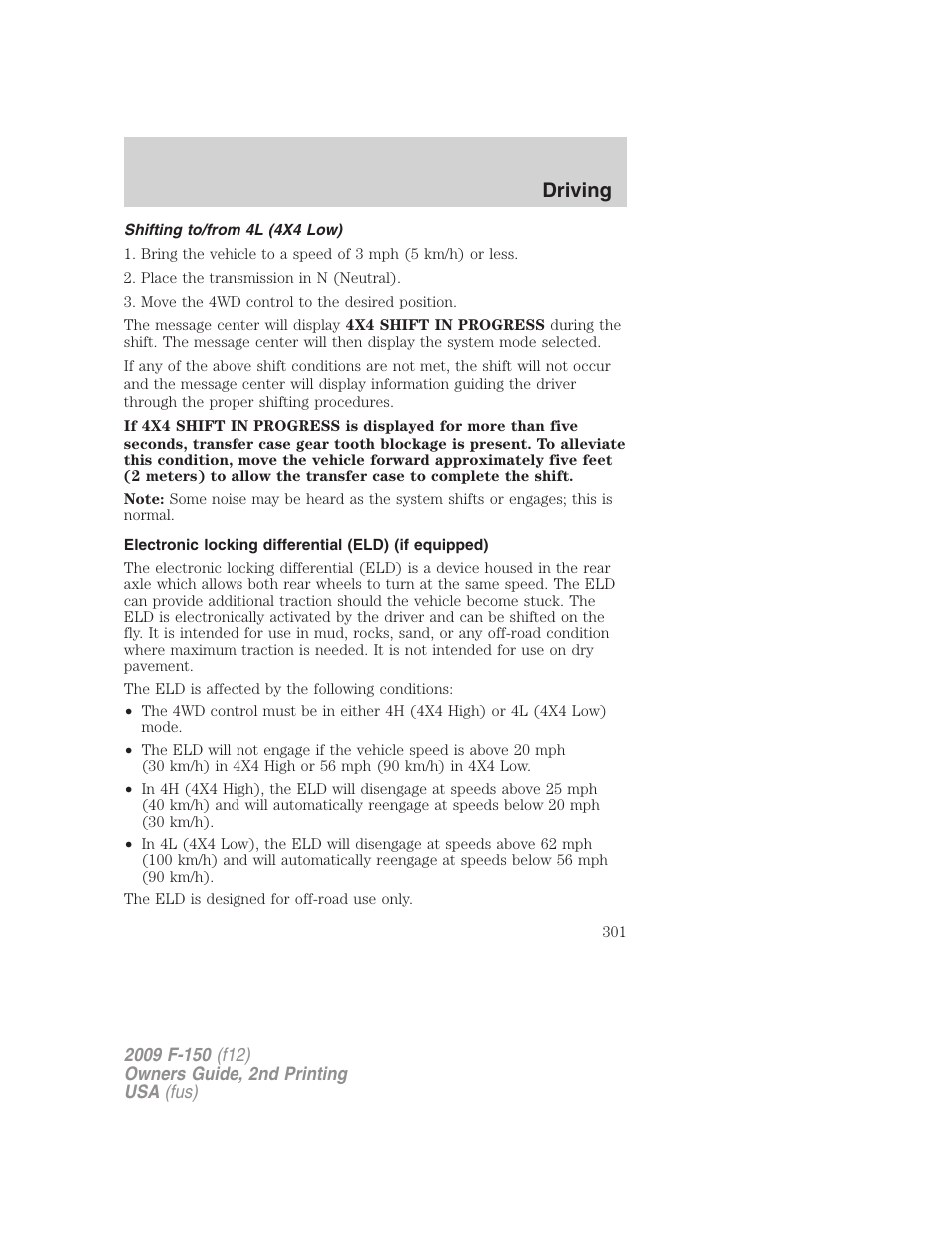 Shifting to/from 4l (4x4 low), Driving | FORD 2009 F-150 v.2 User Manual | Page 301 / 409