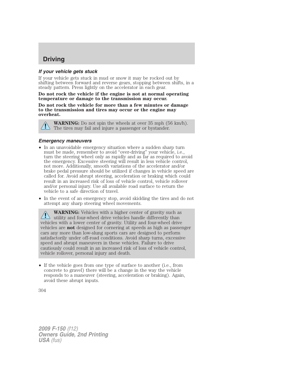 If your vehicle gets stuck, Emergency maneuvers, Driving | FORD 2009 F-150 v.2 User Manual | Page 304 / 409