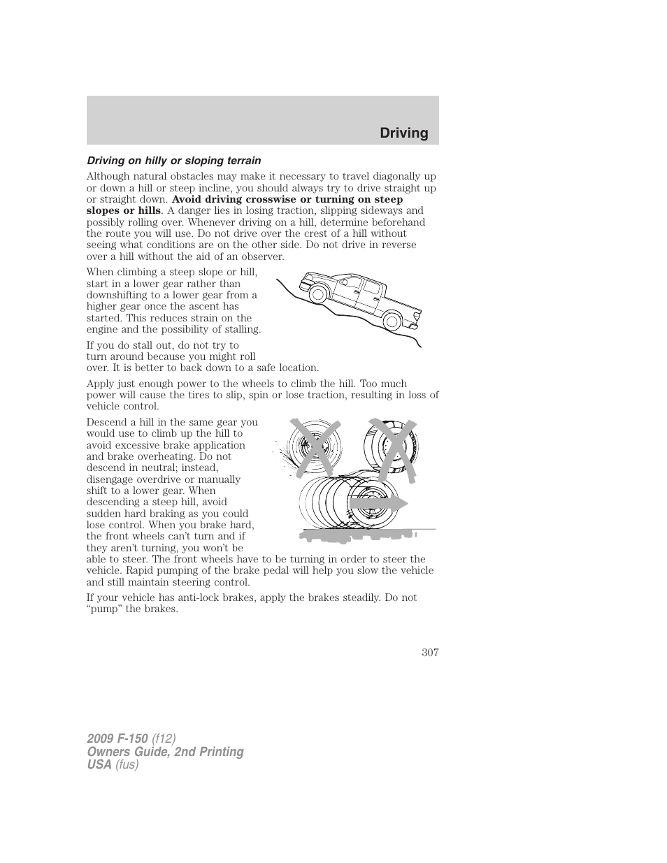 Driving on hilly or sloping terrain, Driving | FORD 2009 F-150 v.2 User Manual | Page 307 / 409