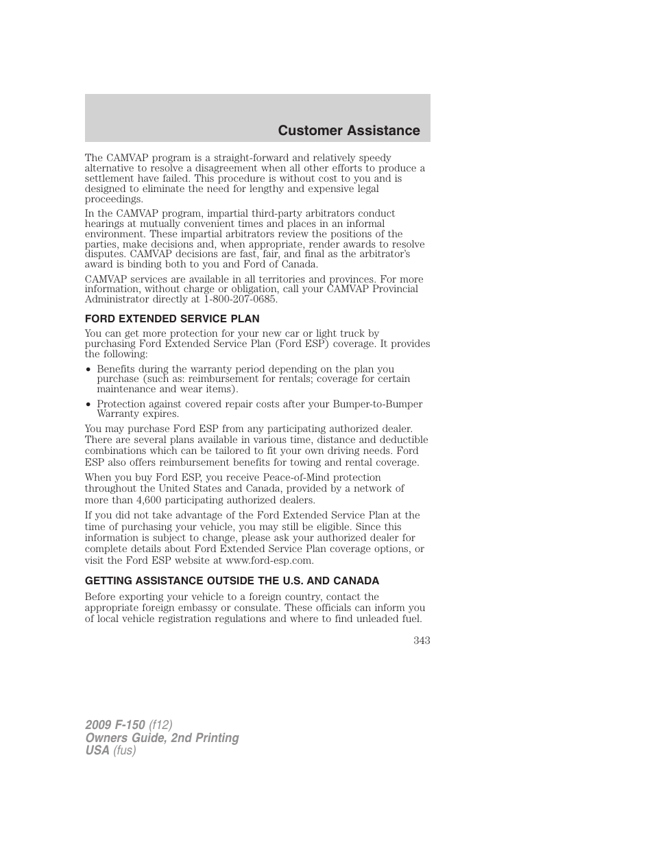 Ford extended service plan, Getting assistance outside the u.s. and canada, Customer assistance | FORD 2009 F-150 v.2 User Manual | Page 343 / 409