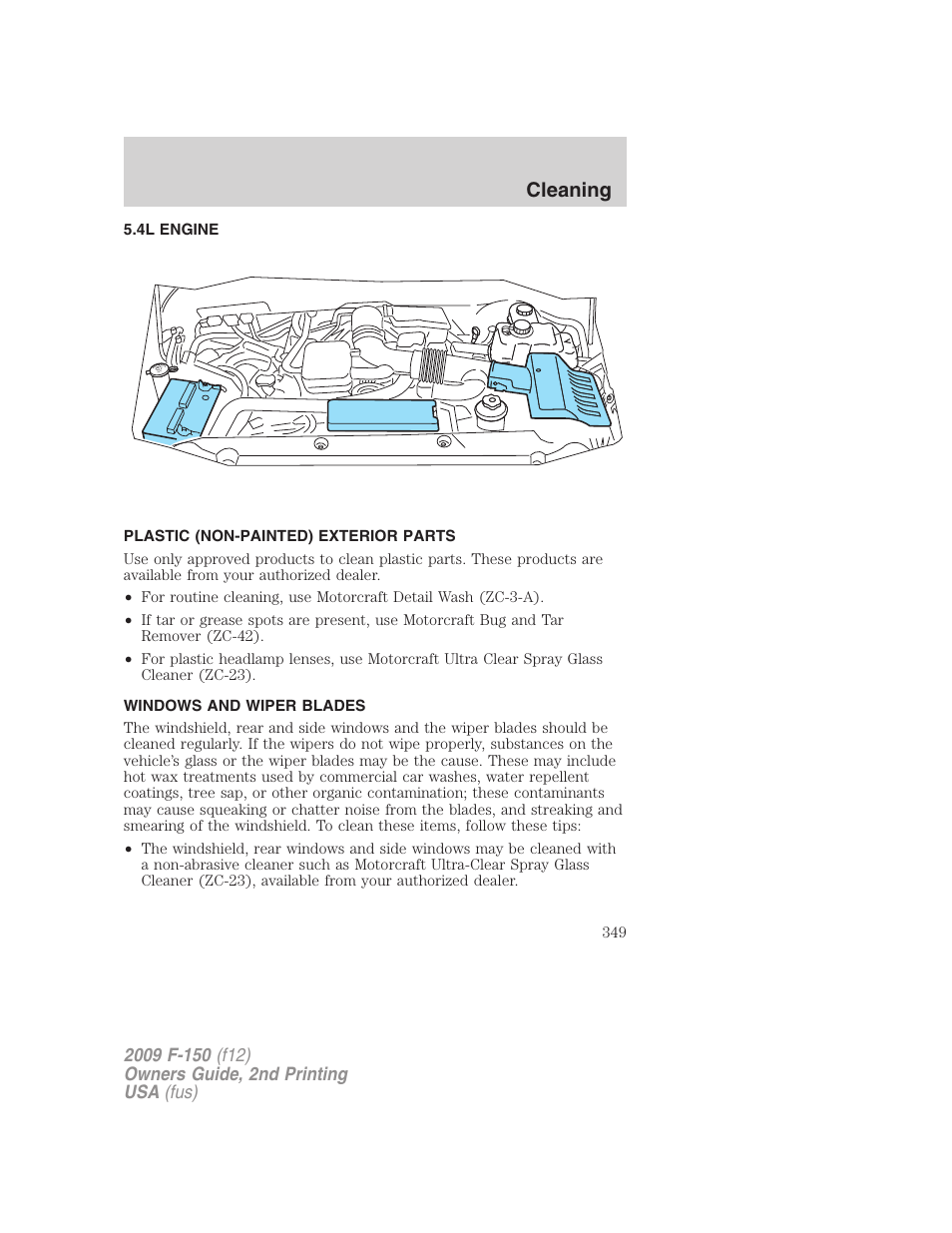 4l engine, Plastic (non-painted) exterior parts, Windows and wiper blades | Cleaning | FORD 2009 F-150 v.2 User Manual | Page 349 / 409