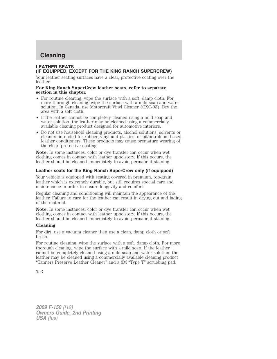 Cleaning | FORD 2009 F-150 v.2 User Manual | Page 352 / 409