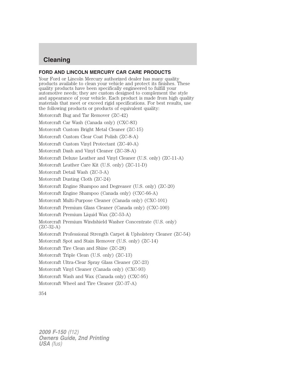 Ford and lincoln mercury car care products, Cleaning | FORD 2009 F-150 v.2 User Manual | Page 354 / 409