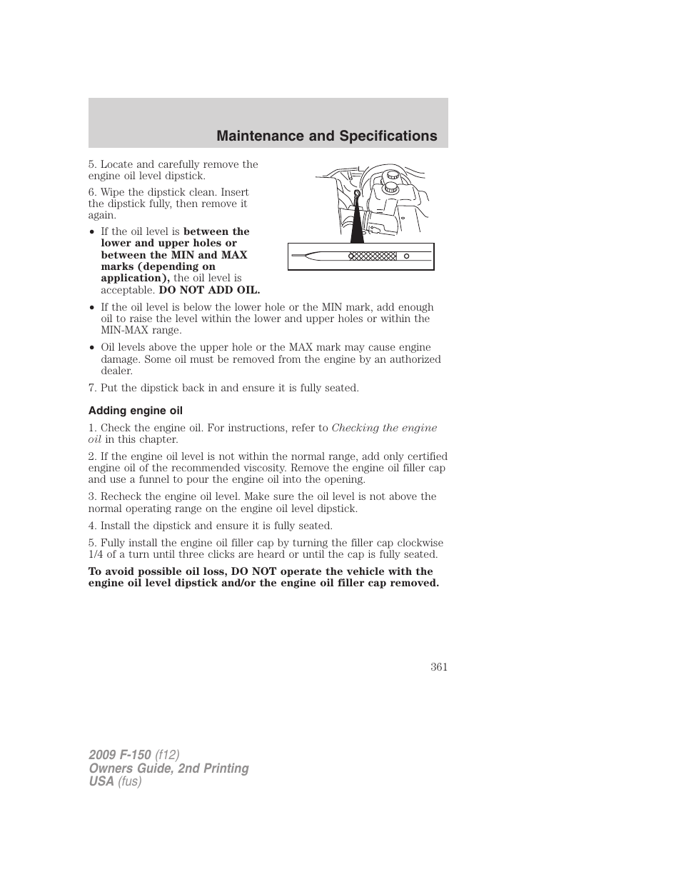 Adding engine oil, Maintenance and specifications | FORD 2009 F-150 v.2 User Manual | Page 361 / 409