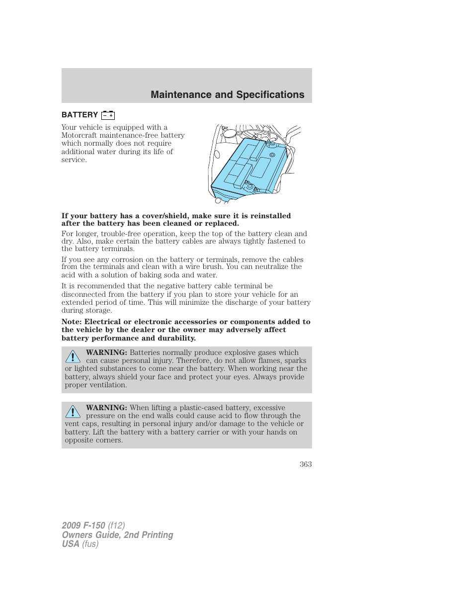 Battery, Maintenance and specifications | FORD 2009 F-150 v.2 User Manual | Page 363 / 409