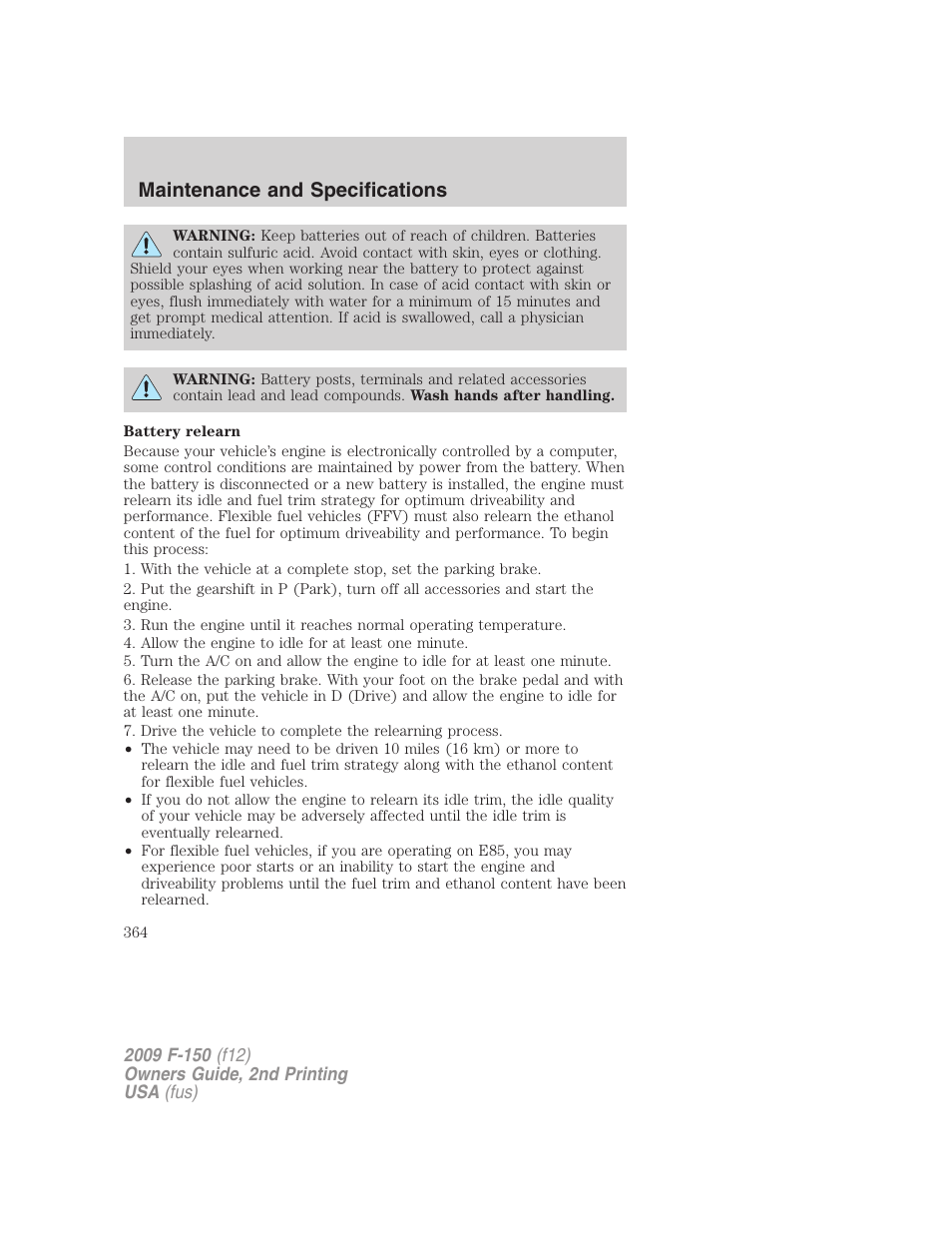 Maintenance and specifications | FORD 2009 F-150 v.2 User Manual | Page 364 / 409