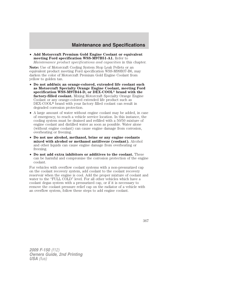 Maintenance and specifications | FORD 2009 F-150 v.2 User Manual | Page 367 / 409