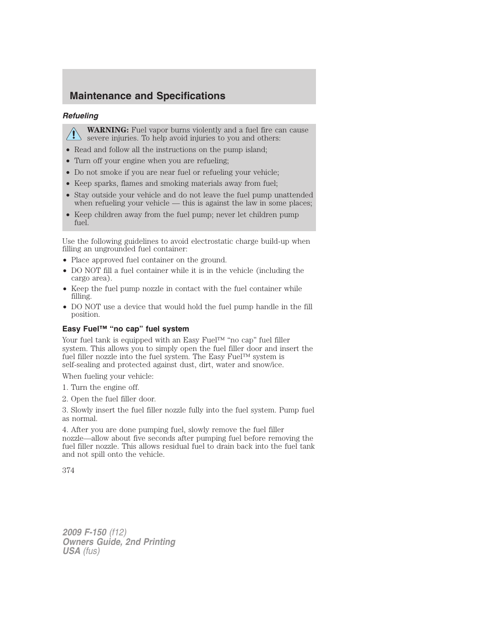 Refueling, Easy fuel™ “no cap” fuel system, Maintenance and specifications | FORD 2009 F-150 v.2 User Manual | Page 374 / 409