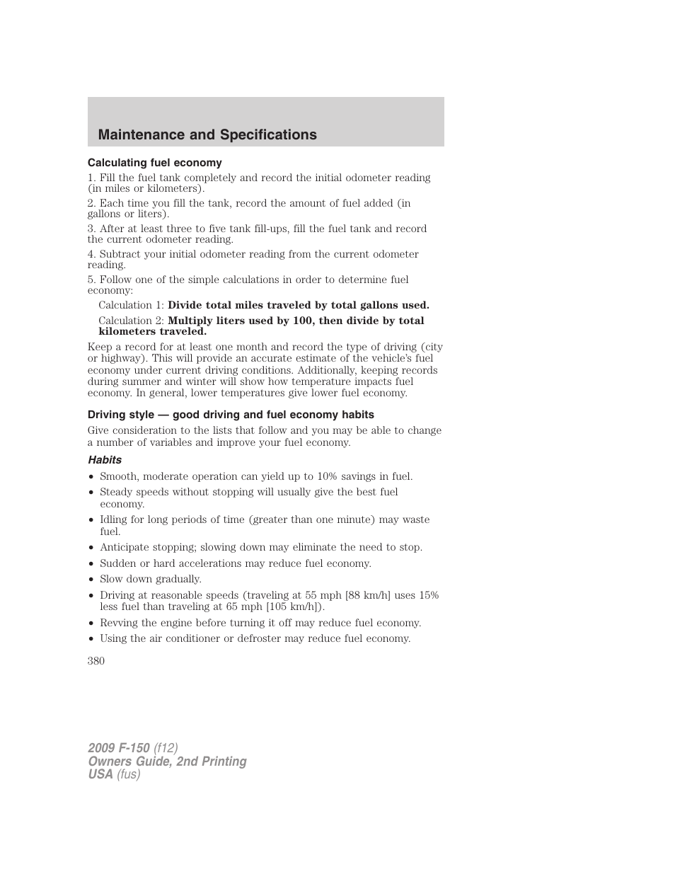 Calculating fuel economy, Habits, Maintenance and specifications | FORD 2009 F-150 v.2 User Manual | Page 380 / 409