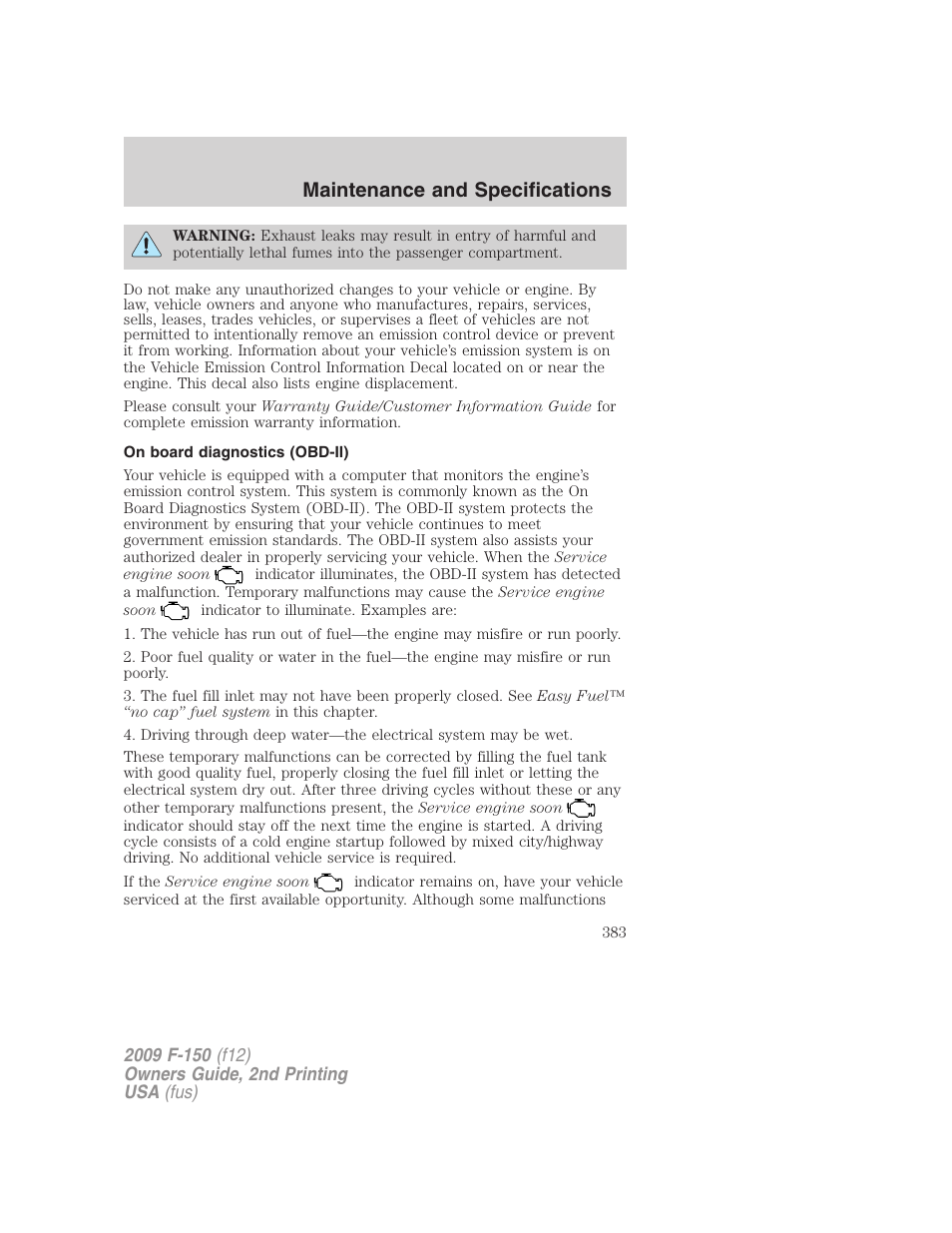 On board diagnostics (obd-ii), Maintenance and specifications | FORD 2009 F-150 v.2 User Manual | Page 383 / 409