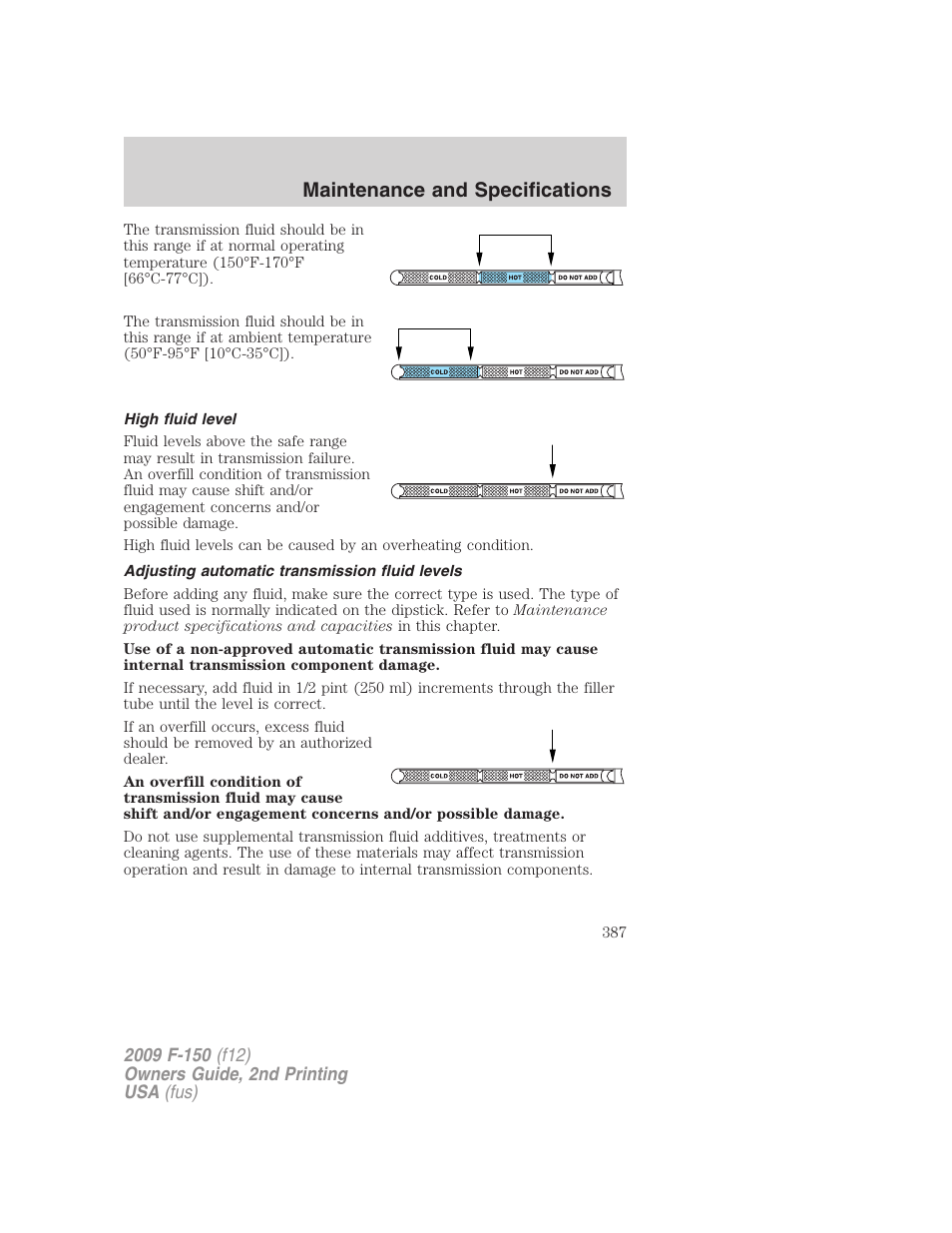 High fluid level, Adjusting automatic transmission fluid levels, Maintenance and specifications | FORD 2009 F-150 v.2 User Manual | Page 387 / 409