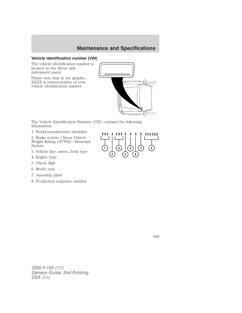 Vehicle identification number (vin), Maintenance and specifications | FORD 2009 F-150 v.2 User Manual | Page 399 / 409