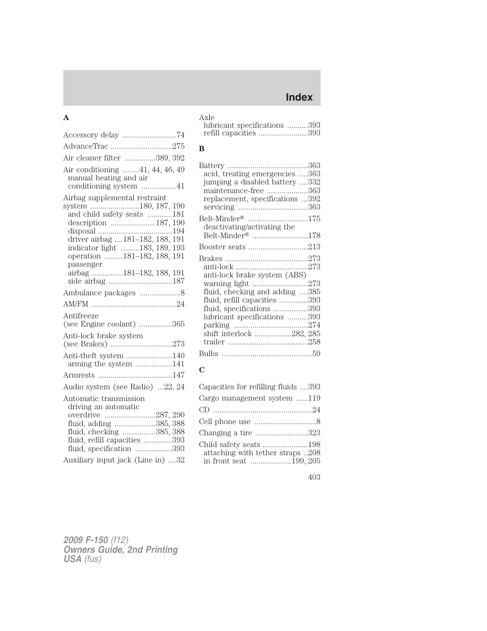 Index | FORD 2009 F-150 v.2 User Manual | Page 403 / 409