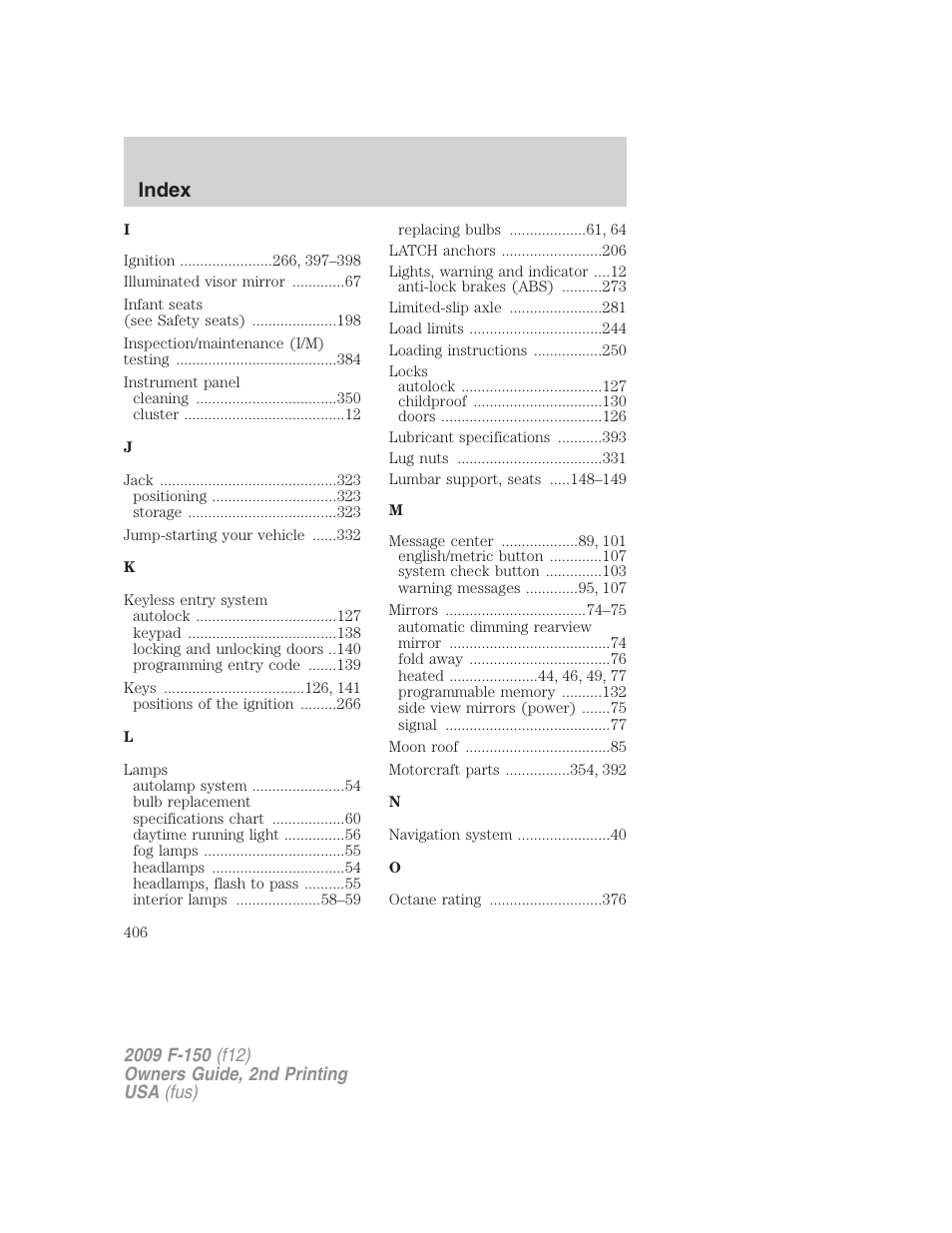 Index | FORD 2009 F-150 v.2 User Manual | Page 406 / 409