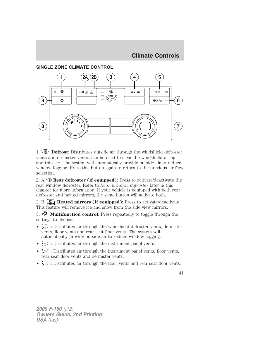 Climate controls, Single zone climate control, Manual heating and air conditioning | FORD 2009 F-150 v.2 User Manual | Page 41 / 409