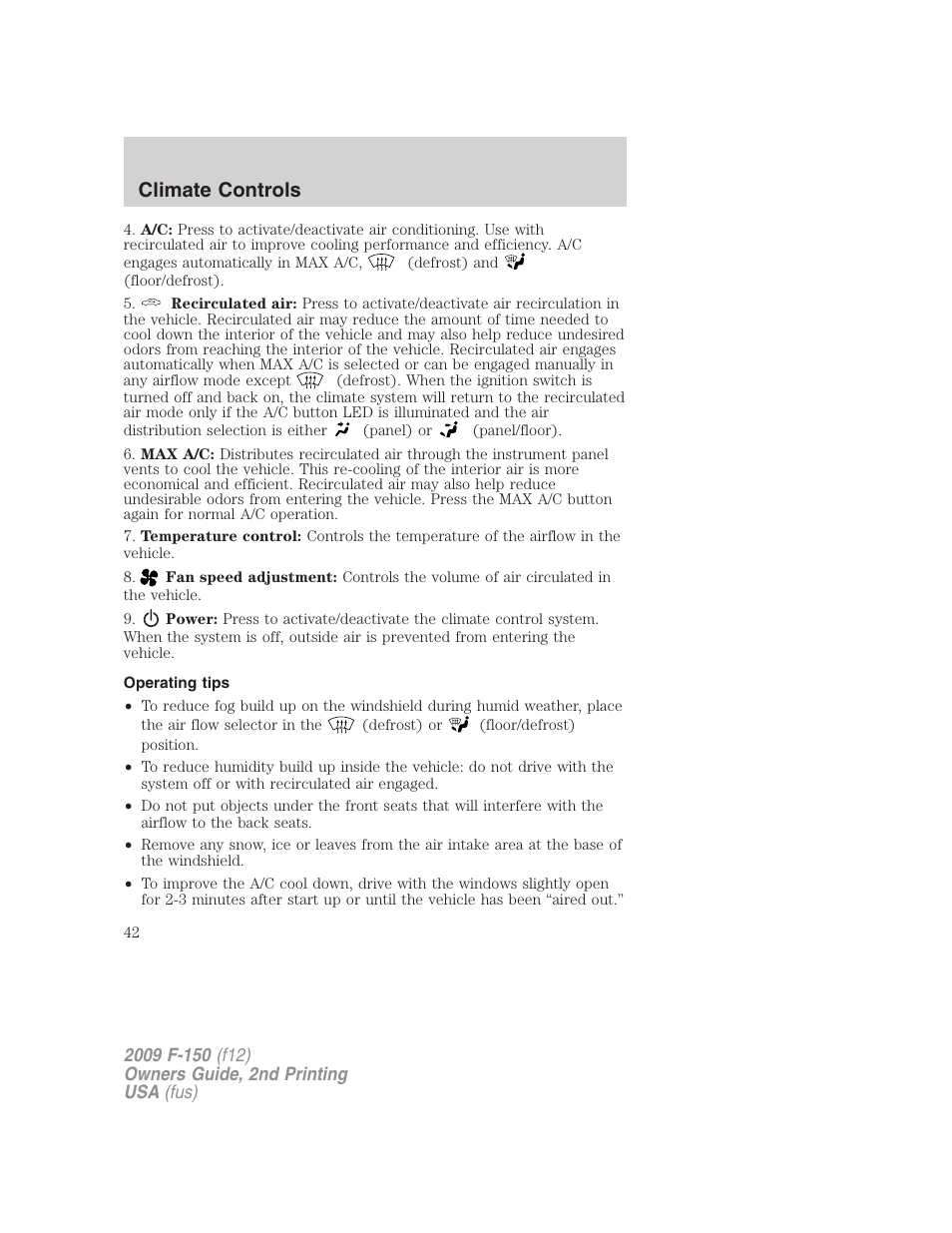 Operating tips, Climate controls | FORD 2009 F-150 v.2 User Manual | Page 42 / 409