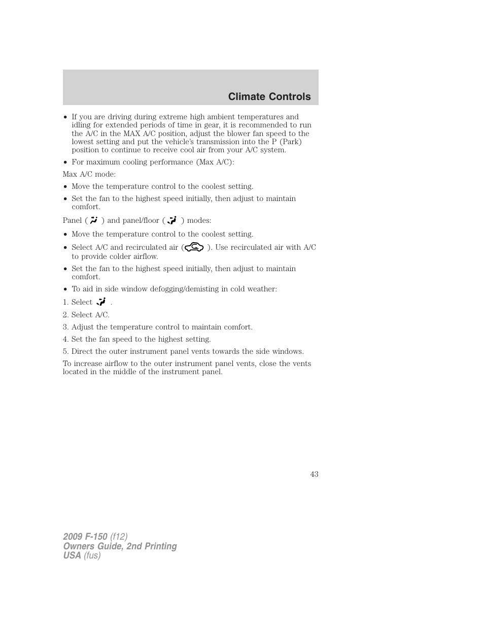 Climate controls | FORD 2009 F-150 v.2 User Manual | Page 43 / 409