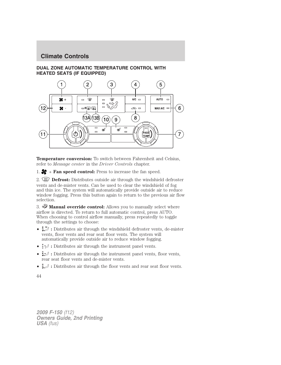 Dual electronic automatic temperature control, Climate controls | FORD 2009 F-150 v.2 User Manual | Page 44 / 409