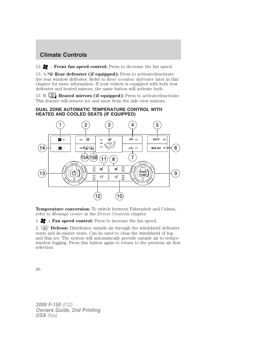 Climate controls | FORD 2009 F-150 v.2 User Manual | Page 46 / 409