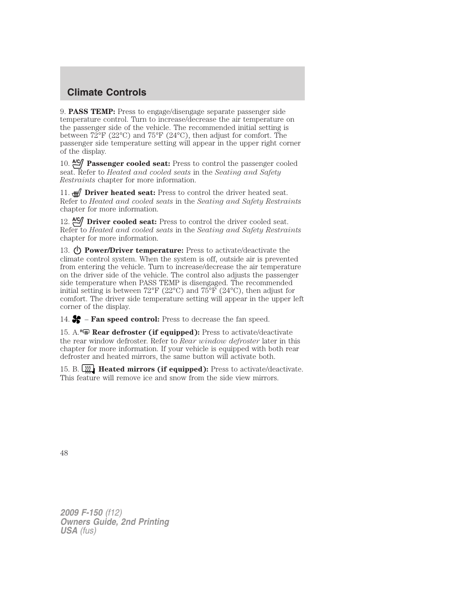 Climate controls | FORD 2009 F-150 v.2 User Manual | Page 48 / 409