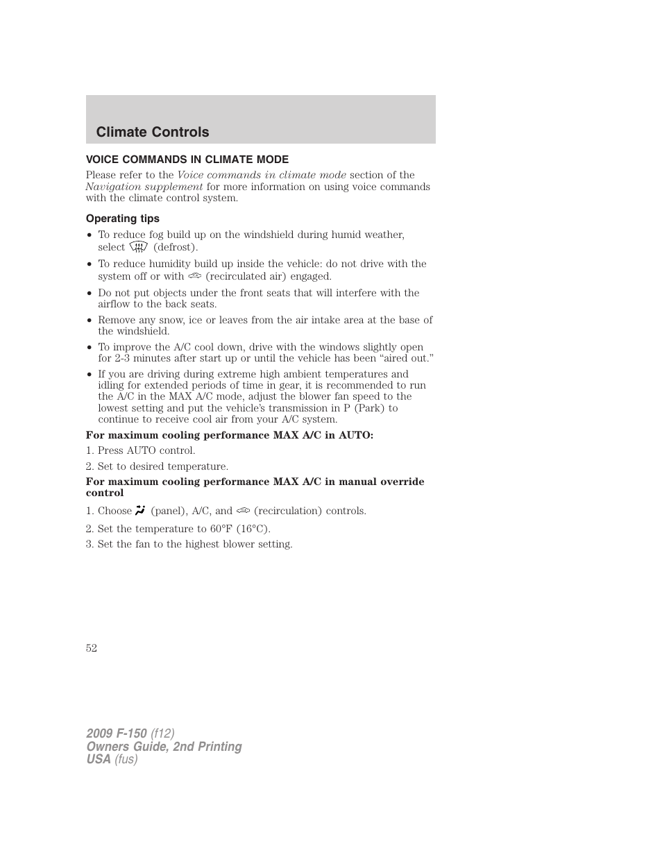 Voice commands in climate mode, Operating tips, Climate controls | FORD 2009 F-150 v.2 User Manual | Page 52 / 409