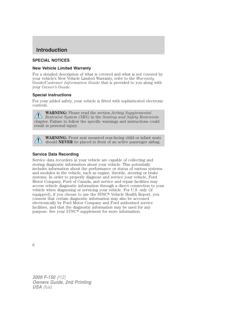 Special notices, New vehicle limited warranty, Special instructions | Service data recording, Introduction | FORD 2009 F-150 v.2 User Manual | Page 6 / 409