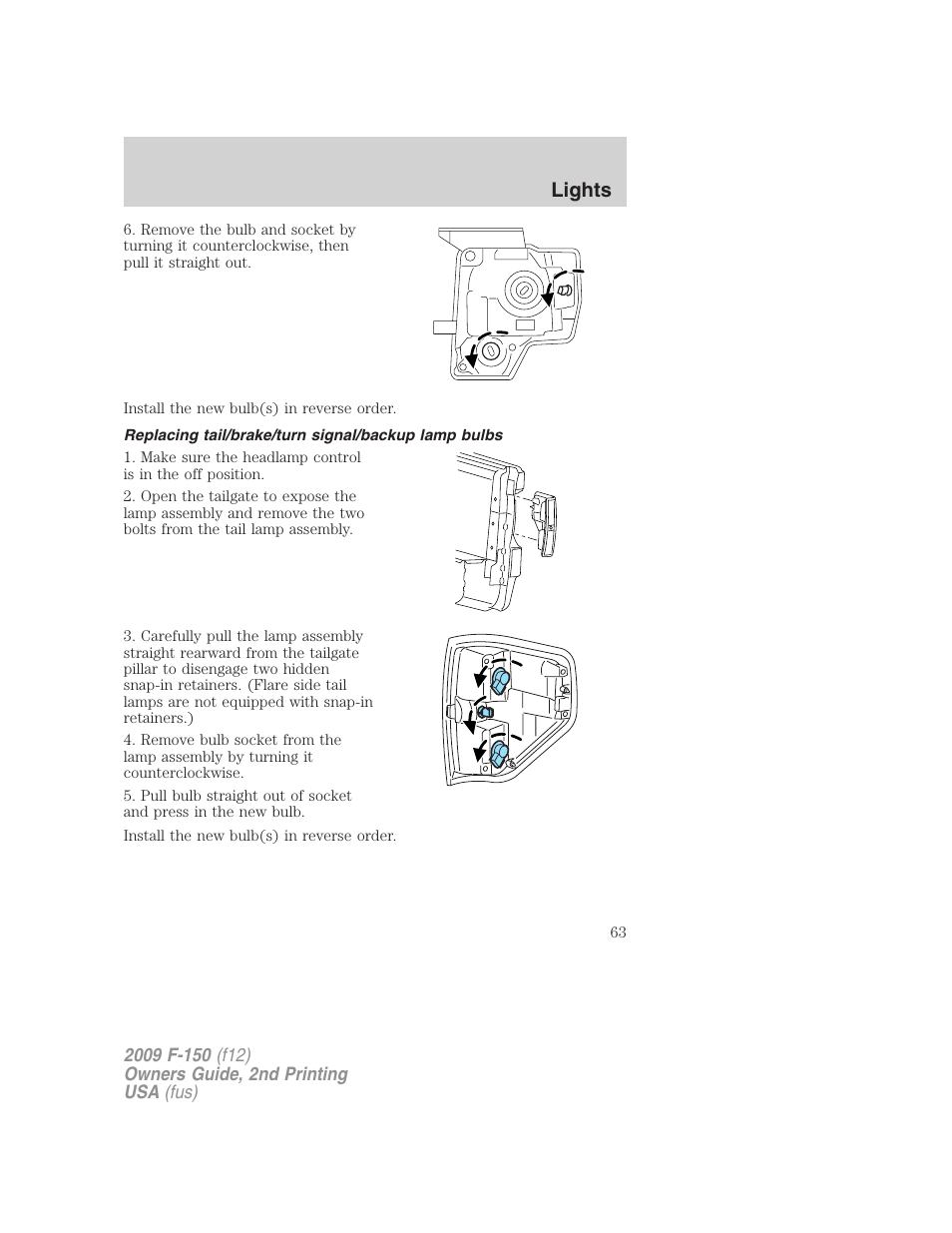 Replacing tail/brake/turn signal/backup lamp bulbs, Lights | FORD 2009 F-150 v.2 User Manual | Page 63 / 409