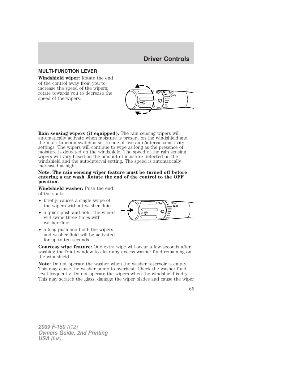 Driver controls, Multi-function lever, Windshield wiper/washer control | FORD 2009 F-150 v.2 User Manual | Page 65 / 409