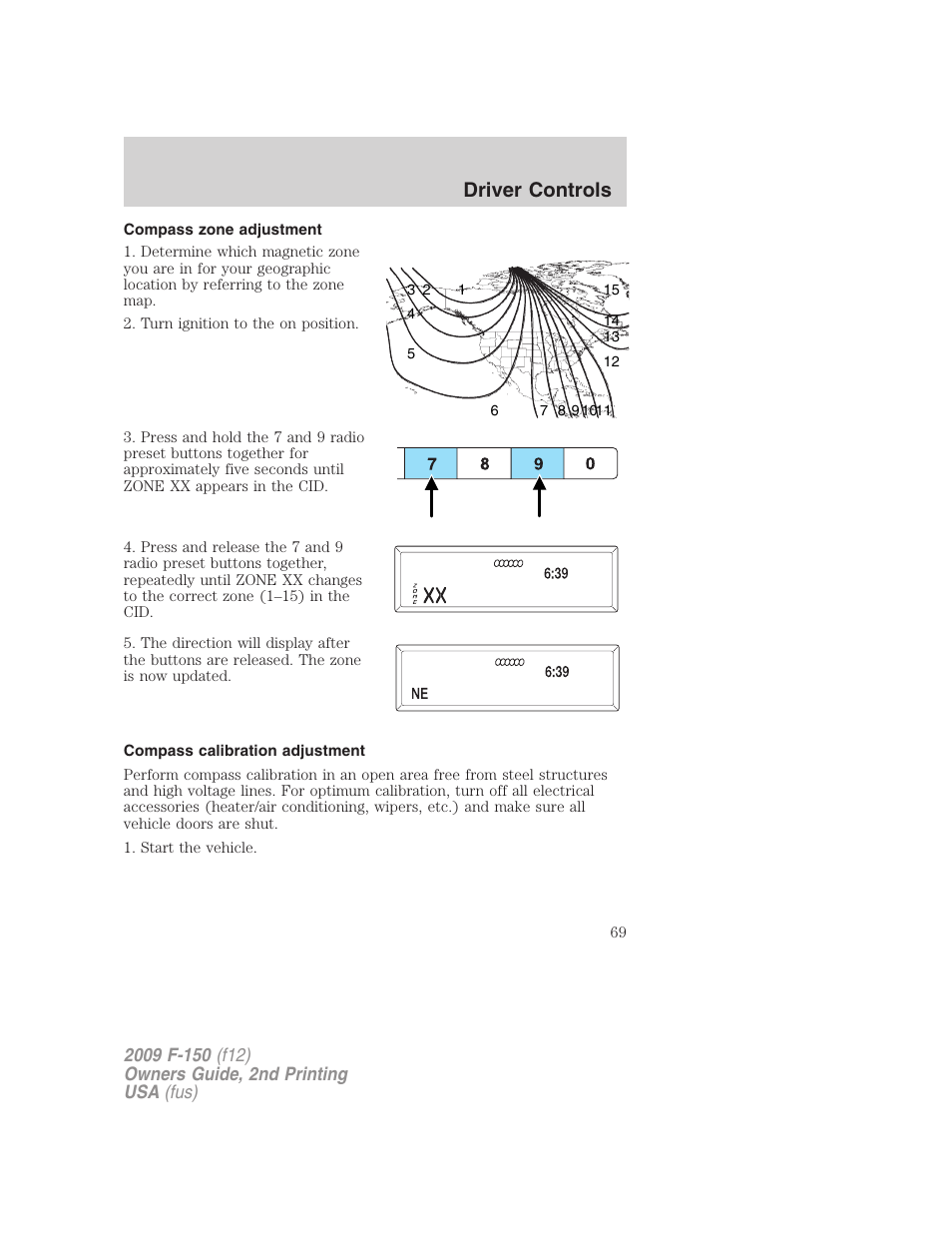 Compass zone adjustment, Compass calibration adjustment, Driver controls | FORD 2009 F-150 v.2 User Manual | Page 69 / 409