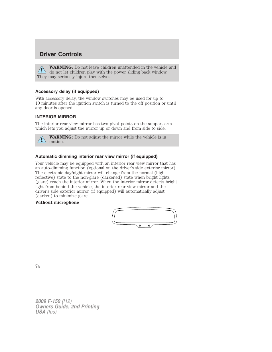 Accessory delay (if equipped), Interior mirror, Mirrors | Driver controls | FORD 2009 F-150 v.2 User Manual | Page 74 / 409