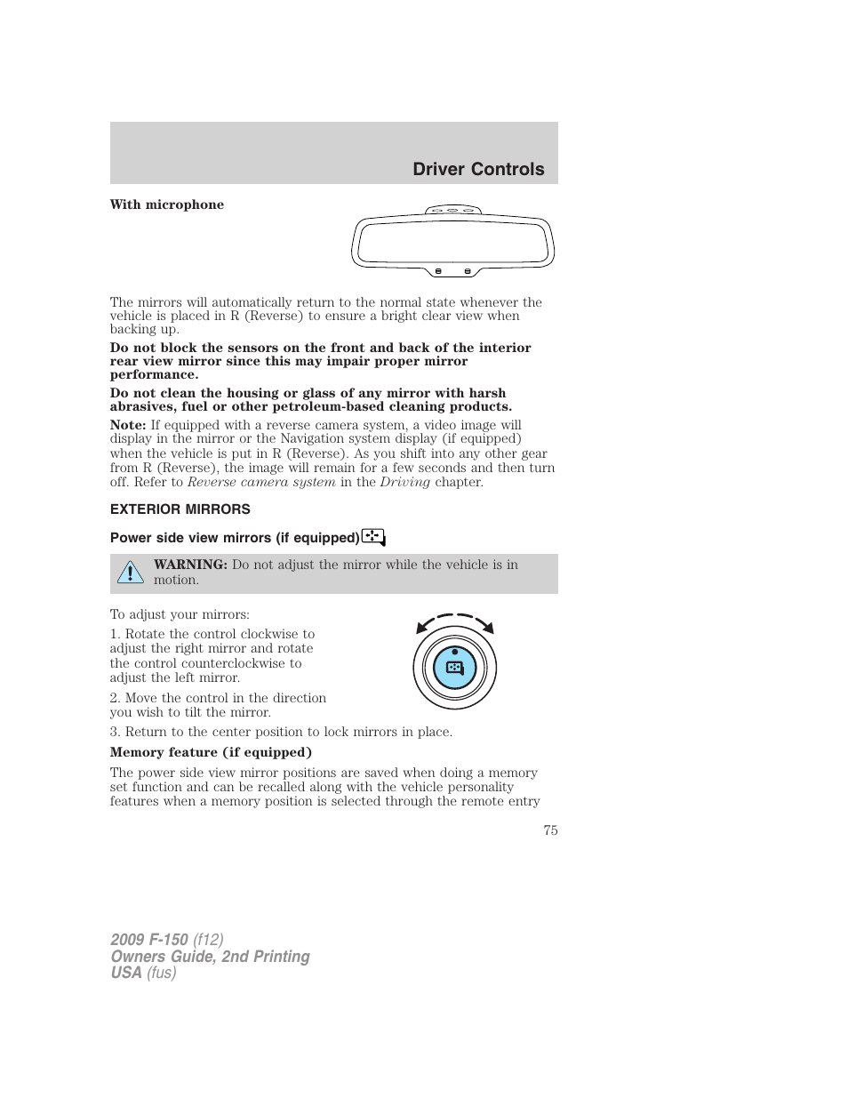 Exterior mirrors, Power side view mirrors (if equipped), Driver controls | FORD 2009 F-150 v.2 User Manual | Page 75 / 409