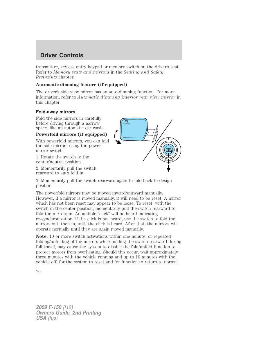 Fold-away mirrors, Driver controls | FORD 2009 F-150 v.2 User Manual | Page 76 / 409