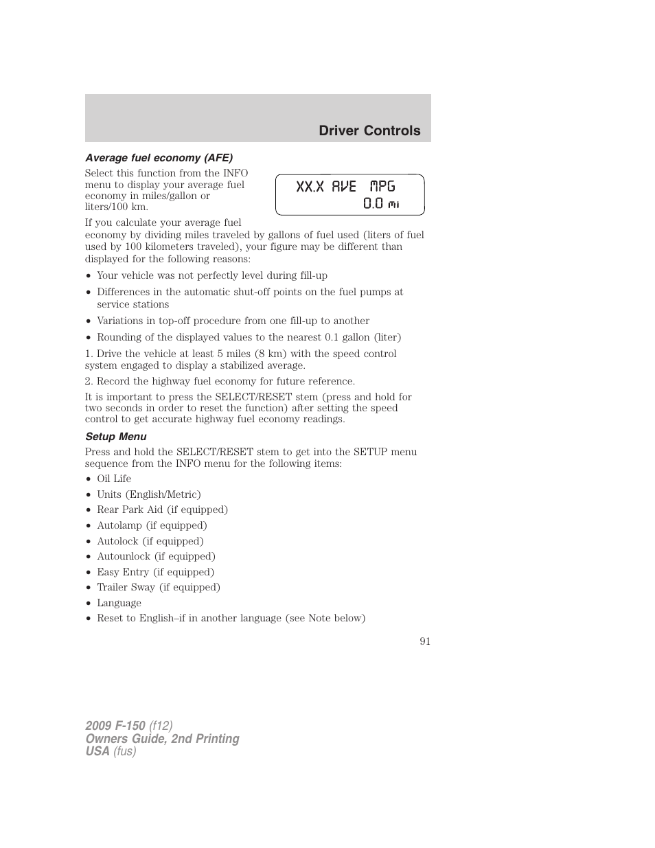 Average fuel economy (afe), Setup menu, Driver controls | FORD 2009 F-150 v.2 User Manual | Page 91 / 409