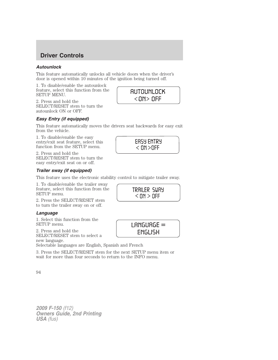 Autounlock, Easy entry (if equipped), Trailer sway (if equipped) | Language, Driver controls | FORD 2009 F-150 v.2 User Manual | Page 94 / 409