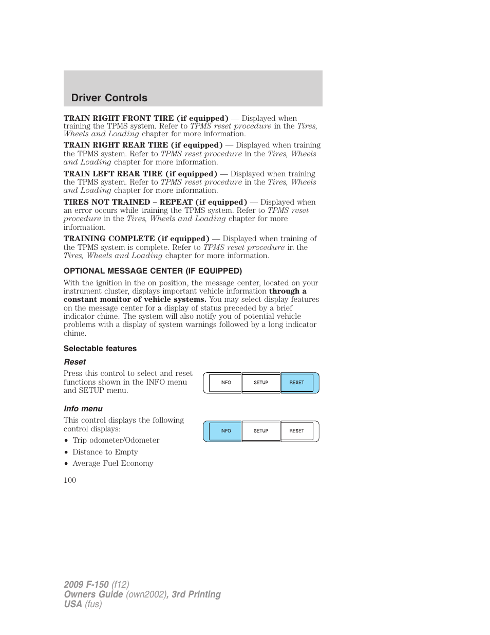 Optional message center (if equipped), Selectable features, Reset | Info menu, Driver controls | FORD 2009 F-150 v.3 User Manual | Page 100 / 409