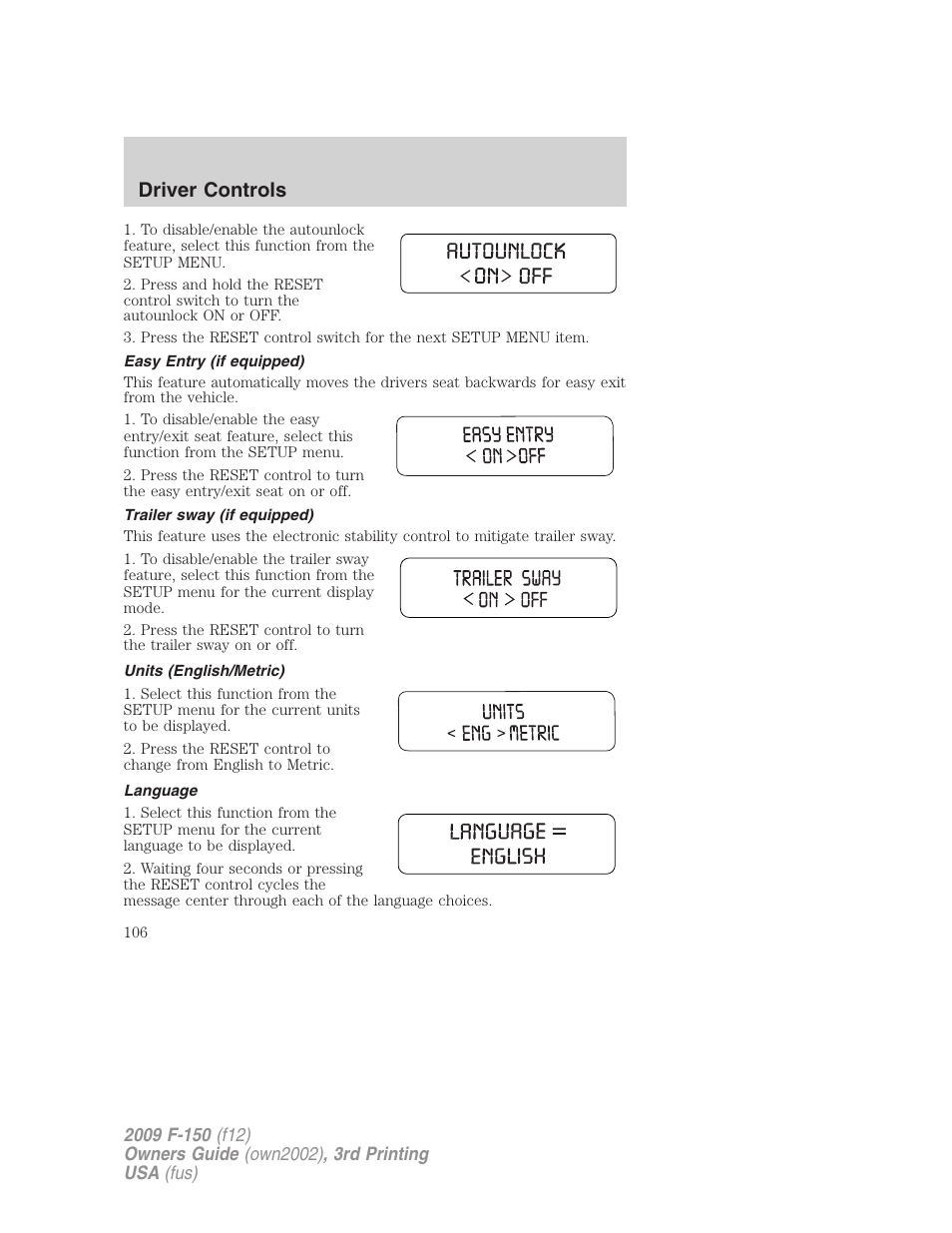 Easy entry (if equipped), Trailer sway (if equipped), Units (english/metric) | Language, Driver controls | FORD 2009 F-150 v.3 User Manual | Page 106 / 409