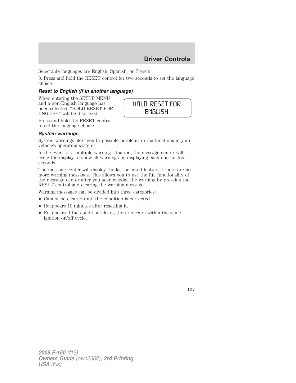 Reset to english (if in another language), System warnings, Driver controls | FORD 2009 F-150 v.3 User Manual | Page 107 / 409