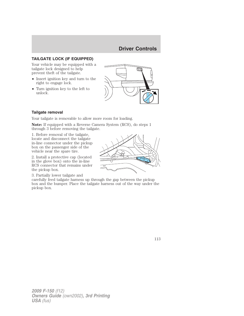 Tailgate lock (if equipped), Tailgate removal, Tailgate | Driver controls | FORD 2009 F-150 v.3 User Manual | Page 113 / 409