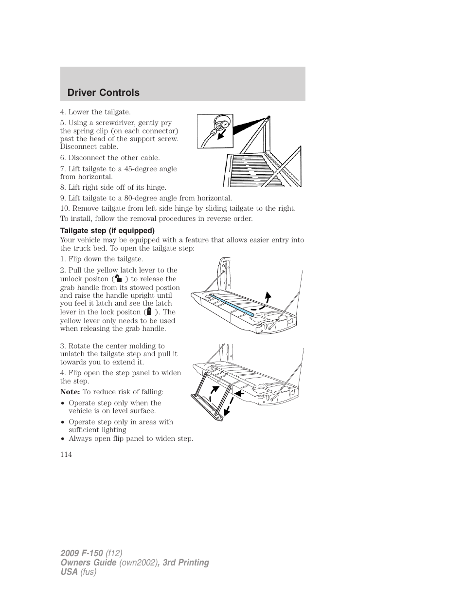 Tailgate step (if equipped), Driver controls | FORD 2009 F-150 v.3 User Manual | Page 114 / 409