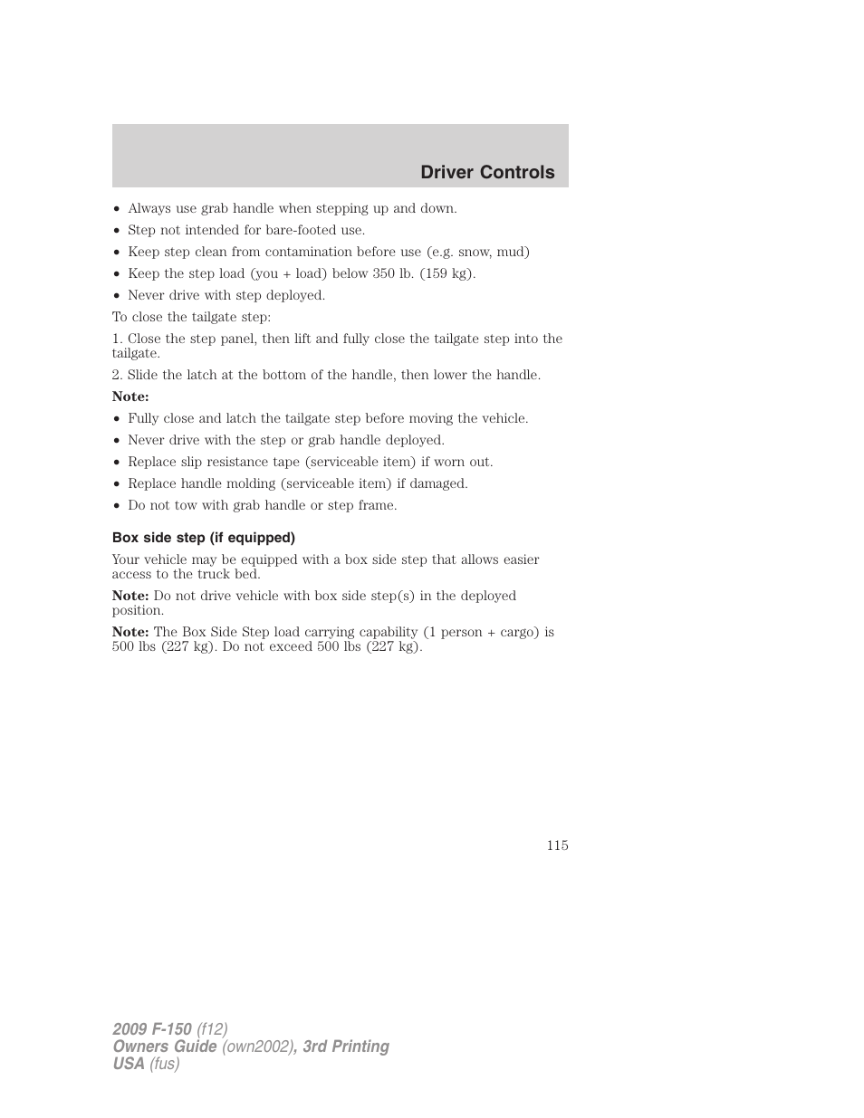 Box side step (if equipped), Driver controls | FORD 2009 F-150 v.3 User Manual | Page 115 / 409