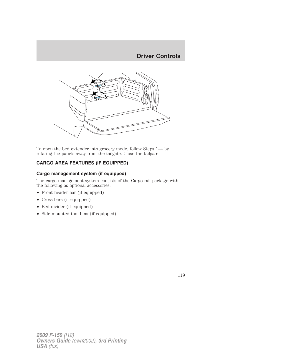 Cargo area features (if equipped), Cargo management system (if equipped), Driver controls | FORD 2009 F-150 v.3 User Manual | Page 119 / 409